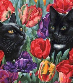 Black Cats Amongst the Tulips Paint By Numbers