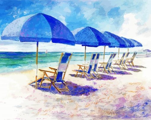 Blue Parasols On The Beach Paint By Numbers