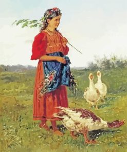 A Girl With Geese By Vladimir Makovsky Paint By Number