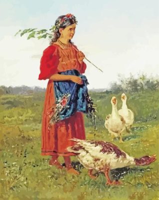 A Girl With Geese By Vladimir Makovsky Paint By Number