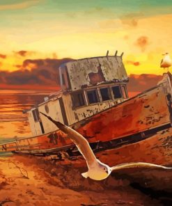 Abandoned Fishing Boat Sunset Paint By Numbers