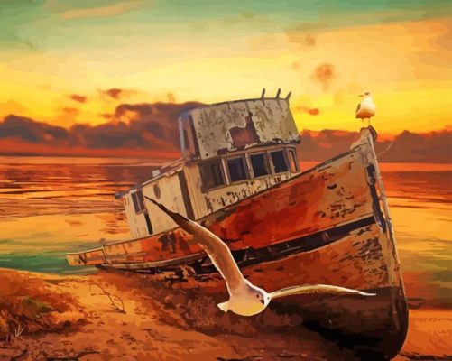 Abandoned Fishing Boat Sunset Paint By Numbers