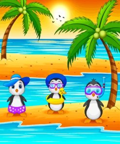 Cartoon Penguins On The Beach Paint By Number