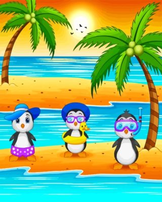 Cartoon Penguins On The Beach Paint By Number