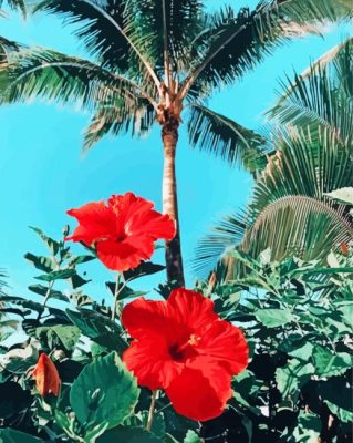 Palms And Red Flowers Paint By Numbers