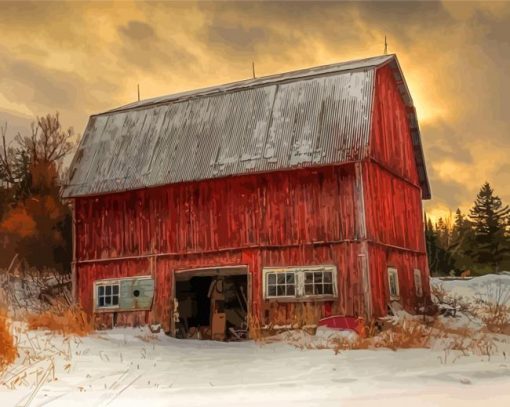 Red Barn In Winter Paint By Number