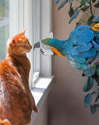 Orange Cat With Colorful Parrot Paint By Number