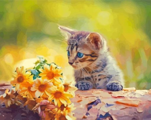 Cat And Yellow Flowers Paint By Number