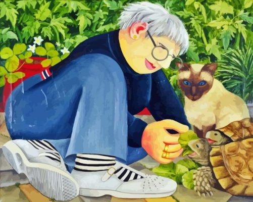 Woman With Cat And Turtles Paint By Numbers