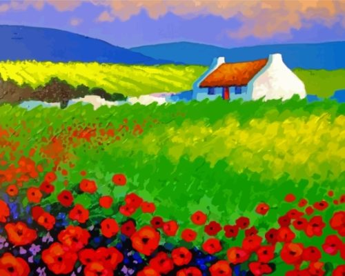 Irish Cottage In Poppy Field Paint By Number