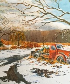 Old Red Truck In Snow Paint By Number