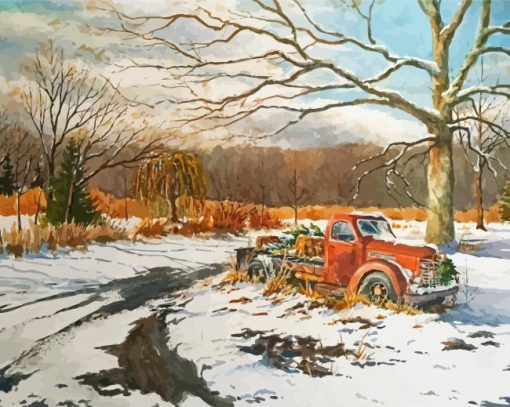 Old Red Truck In Snow Paint By Number