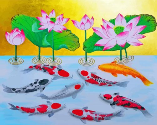 Pink Lotus And Koi Fish Painting By Number