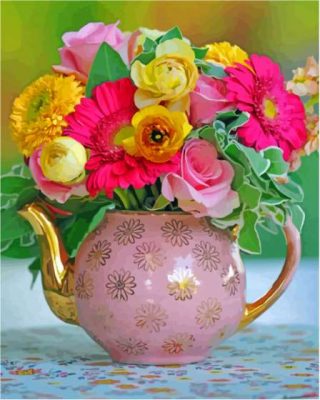 Teapot With Colorful Flowers Paint By Number