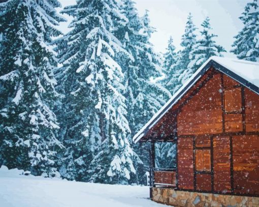 The Snowfall Forest Wooden Cabin Paint By Number