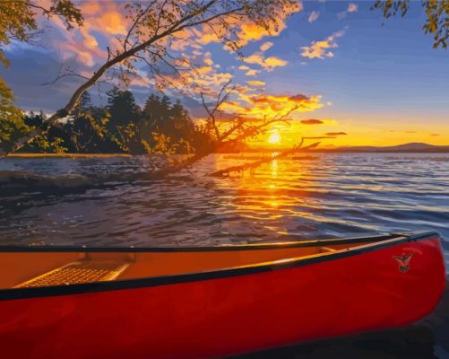 Red Canoe At Sunset Paint By Numbers