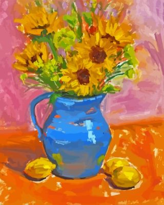 Sunflowers In Blue Vase With Lemons Paint By Number