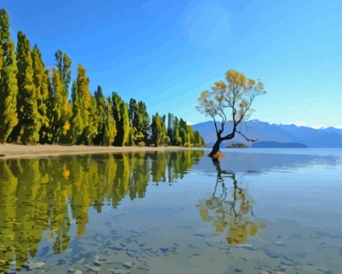 Wanaka Lake Trees Reflection Paint By Number