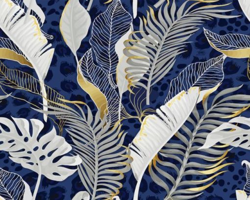 Blue And Gold Leaves Paint By Numbers