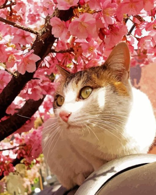 Cat And Cherry Blossoms Paint By Number