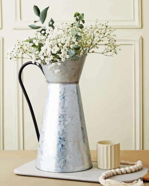 White Flowers In A Silver Pitcher Paint By Numbers