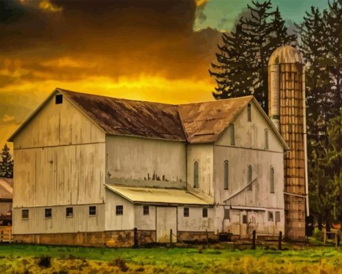 Barn With Silo At Sunset Paint By Numbers