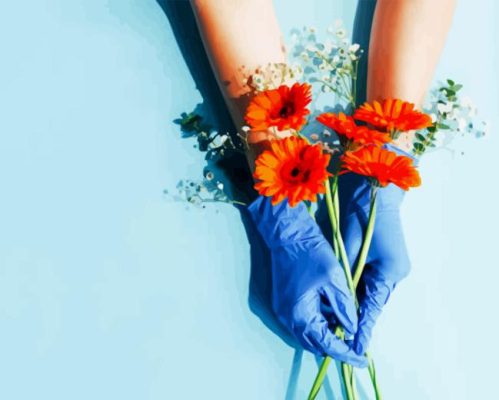 Woman With Blue Gloves And Flowers Paint By Numbers