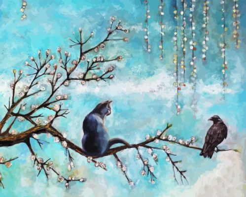 Cat And Crow On Tree Paint By Numbers