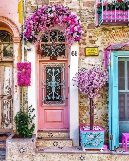 Flowers Pink Door Paint By Numbers