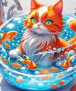 Cat Taking Bath With Fish Paint By Number