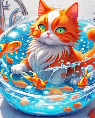 Cat Taking Bath With Fish Paint By Number