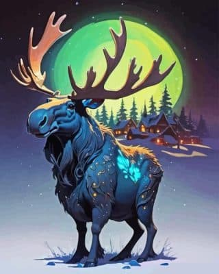 Moose And Moon In Snow Paint By Numbers